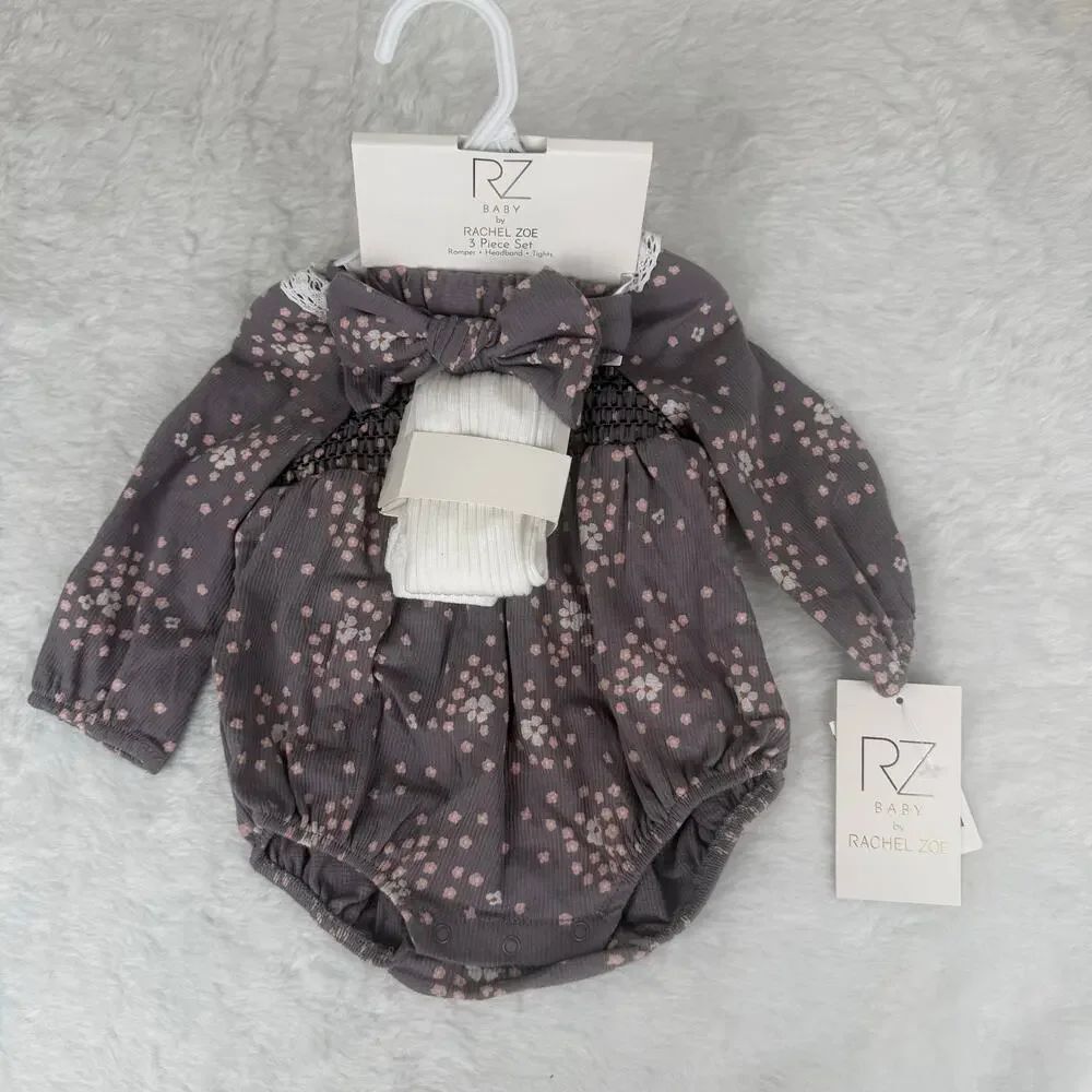 NWT Rachel Zoe 3 piece bubble romper with socks and headband sz 6-9M